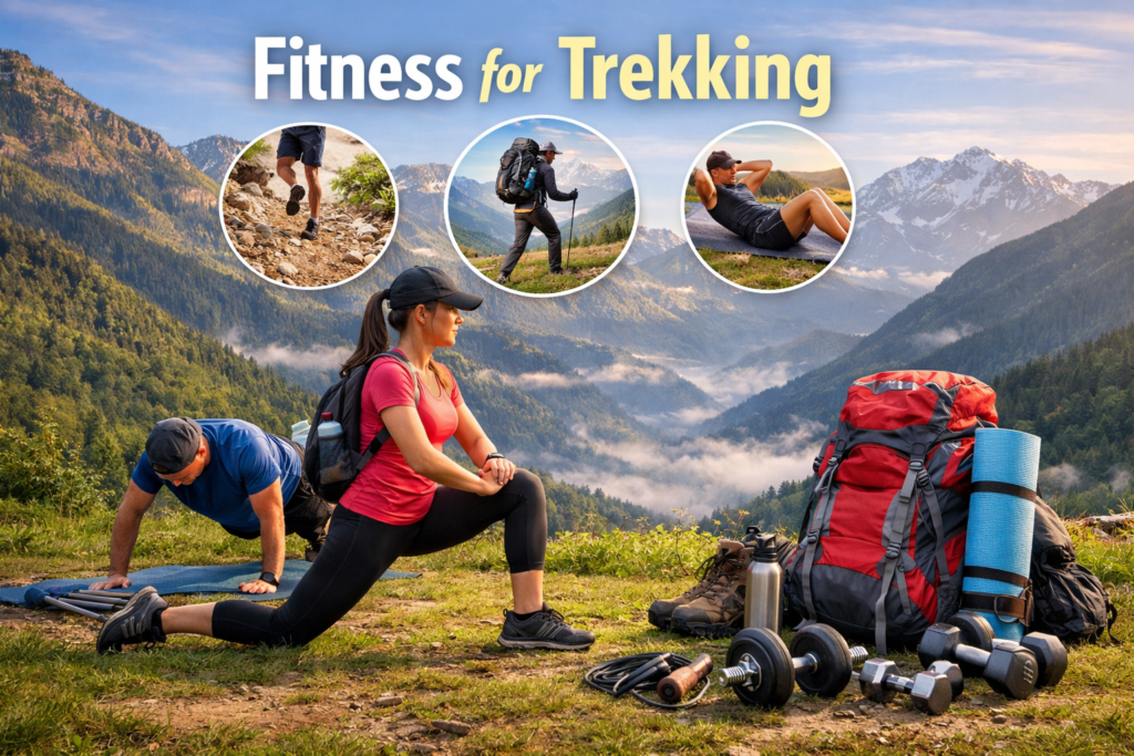 Fitness training for trekking in India with hikers preparing in the mountains.