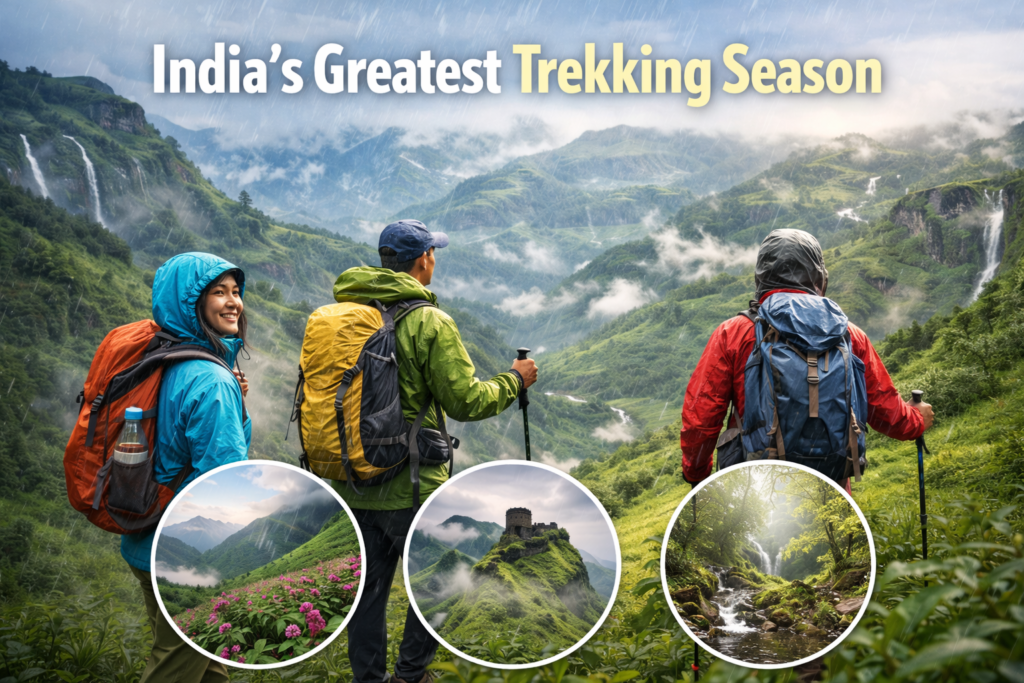 The best season for trekking in India, with hikers exploring lush green mountain landscapes.