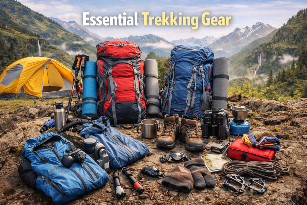 Essential trekking gear in India including backpack, boots and outdoor equipment.
