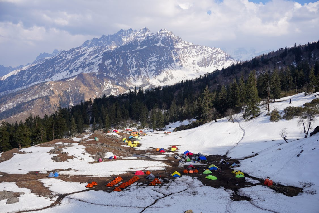 Trekking in India in the Himalayan mountains with snow covered peaks