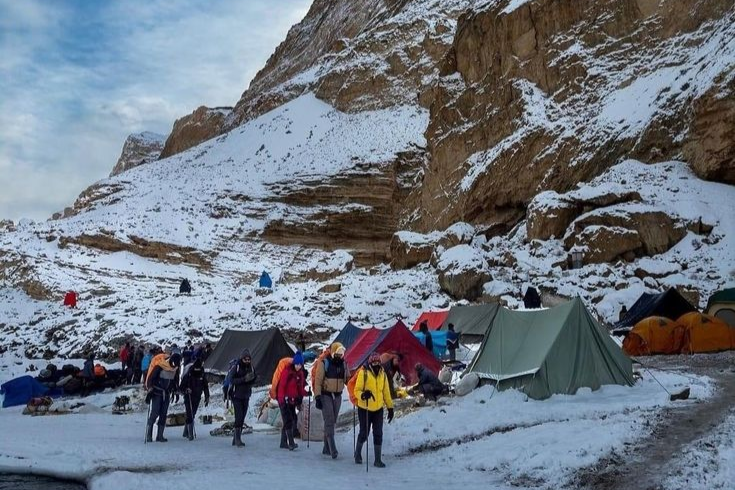 Trekking in India in the Himalayan mountains with snow covered peaks